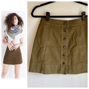 Madewell Metropolis Twill Snap Mini A-Line Snap Front Skirt in Moss Green Size 0